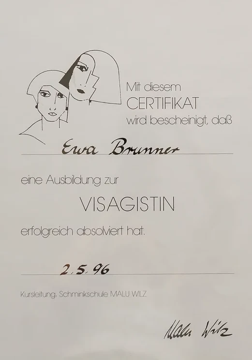 Das Zertifikat zur Visagistin, Schminkschule Malu Wilz, 1996.